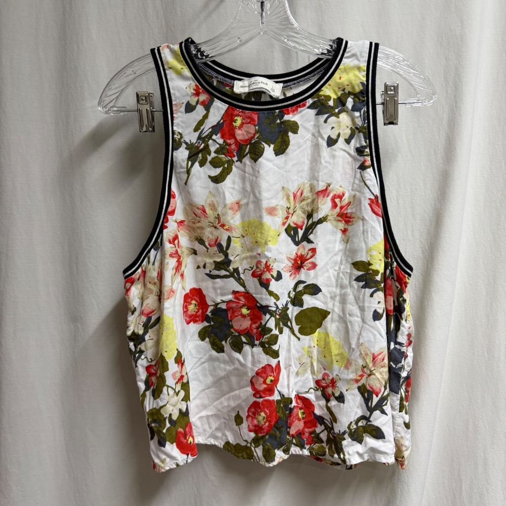 Abercrombie & Fitch Y2K Womens Floral Tank Top White Sporty Trim Large VTG